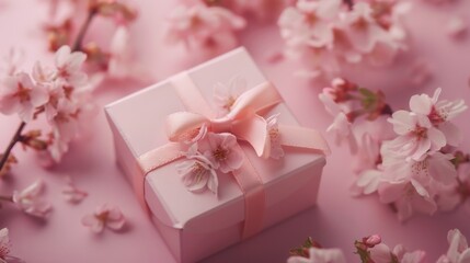 present gift box with tiny pale pink satin ribbon decorated with blooming sakura flowers on pale pink background, birthday, decorative, white, surprise, beautiful, wedding