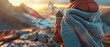 © Jiraphiphat - Mountain Towel, Soft Velvet, imbued with mountain essence, A hiker wrapping themselves in the towel, feeling the rugged terrain under their fingertips, 3D Render, Golden Hour