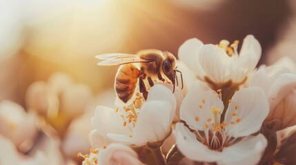 Wall Mural - close up bee on a white flower with sun light. generative ai