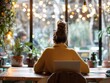 Remote Worker, coffee shop, flexible schedules, worklife balance, transformative lifestyle, shifting office dynamics Photography Backlights Vignette, Rear view