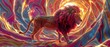 Vibrant Lion, Crimson Fur, Majestic beast amidst a swirling vortex of colors and shapes, abstract art, 3D render, Backlights, Chromatic Aberration, Rear view