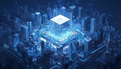 Wall Mural - Digital twin of smart city, urban center with buildings and streets surrounded by glowing blue lines forming an abstract cube shape