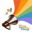 Retro loudspeaker with halftone effect in paper collage style. A rainbow emerges from the loudspeaker. Pride month greeting card. Vector banner template.