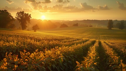 Poster - Serene Soybean Crop at Dawn, generative ai