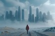 Solitary Wanderer in a Misty Urban Dreamscape. Concept Urban Exploration, Moody Photography, Atmospheric Cityscape, Adventure Travel, Solo Journey