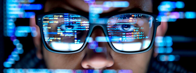 Programmer at Work - Program Code Reflected in Glasses
