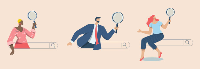 Set of  search engine optimization, SEO. Internet marketing concepts, Analyze website page statistics, Person with magnifying glass coming out of web browser bar. Searching for information online.