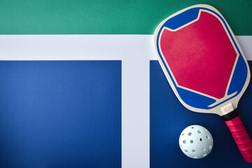 Wall Mural - Pickleball background with wooden blue and pink racket on court