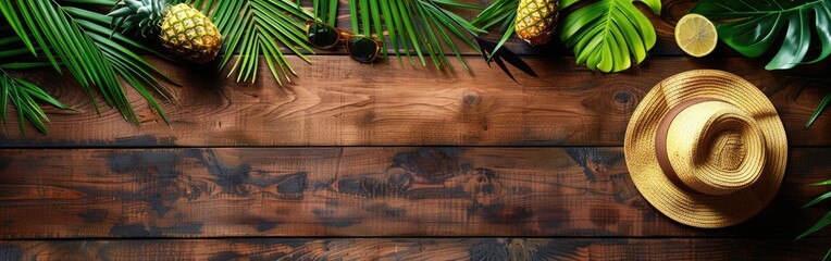 Wall Mural - Tropical Paradise: A Close Up of Vacation Essentials on a Wooden Table with Ocean and Palm Trees in the Background