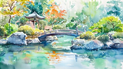  Watercolor painting of a serene Japanese garden