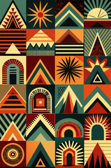 African poster with geometric traditional pattern. Africa culture ethnic ornament for fabric or textile. Assortment of african ethnic patterns ideal for design inspiration