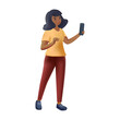 3D character black woman holding mobile phone. Young female character standing with smartphone in hand. Happy girl, cellphone user reading message in internet. 3D vector illustration isolated on white