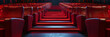 Empty movie theatre,Rows of red velvet seats watching movies in the cinema with copy space banner background Entertainment and Theater concept 3D illustration rendering.
