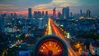Bustling City Skyline Glowing at Dusk with Fuel Gauge Symbolizing Urban Energy