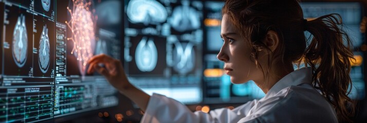 Aufkleber - Young Female Scientist Analyzing Data on Multiple Screens in High-Tech Laboratory