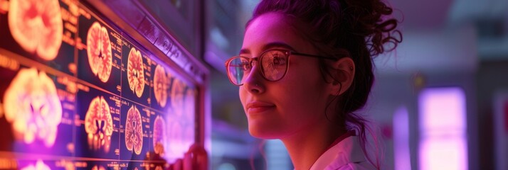 Aufkleber - Young Female Scientist Analyzing Brain Scans in a Neon-Lit Lab at Night