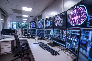 Poster - Modern Medical Imaging Control Room with High-Tech Monitors and Brain Scans