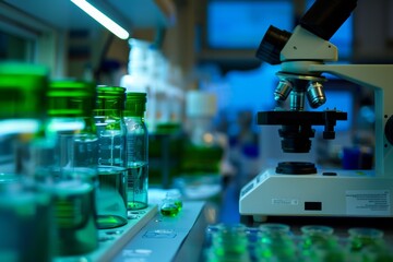 Aufkleber - Scientific Research In Progress: A Close-Up View of a Laboratory Microscope and Glassware