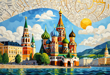 Artistic Depiction of Saint Basil's Cathedral at Sunset