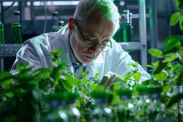 Aufkleber - Senior Male Scientist Examining Plants in a Modern Laboratory at Night