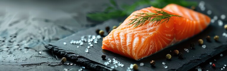 Wall Mural - Fresh Salmon and Steak with Dill on Dark Table - Food Photography Background Square