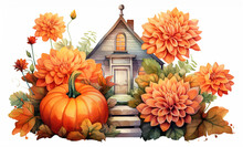 Charming Wooden Fairy House Among Orange Dahlias And Ripe Pumpkins, Beautiful Turquoise Roof And Brick Chimney,garden