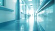 hospital corridor blurred background, copy space, light blue color tone, close up shot