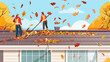 Roof and gutters cleaning. Workers clean clogged roof gutter drain with dirt, debris, fallen leaves