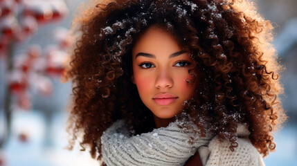 Wall Mural - beautiful african american woman with long hair in winter snowy