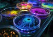 A variety of bacteria cultures flourishing in laboratory dishes, bathed in light that enhances their intricate details and colors.