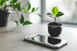 Minimalist Desk with Plant and SmartphoneA young plant in a transparent pot shares space with a smartphone on a minimalist white desk, symbolizing growth and connectivity.
