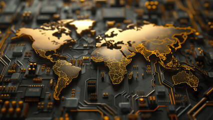 Digital art of a gold world map elements on a microchip background