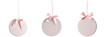 Set of simple white flat ceramic round ornament hanging on pink ribbon, Christmas decor, isolated on transparent background