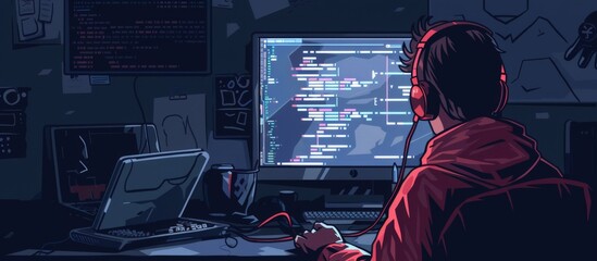 Wall Mural - individual seated at a workstation with a desktop computer and a monitor