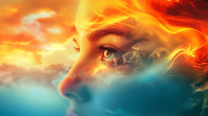 Wall Mural - spiritual awakening energy woman clouds portrait 