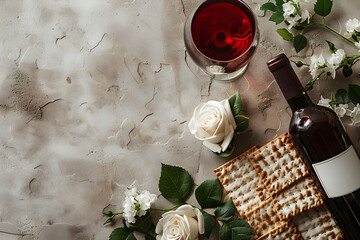 Wall Mural - Matzah, red kosher wine and white rose flower. Passover celebration. Jewish Pesach holiday with traditional ritual bread. Background for greeting card, banner with copy space. Top view, flat lay