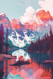 Fototapeta Pokój dzieciecy - lake and mountains panorama sunset sky - by generative ai