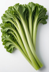 Fresh celery on isolated white background , juicy and fresh, top view, Flat lay, no shadows