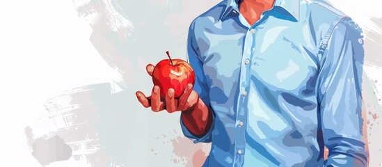 Wall Mural - Man grasps a green apple with his fingers