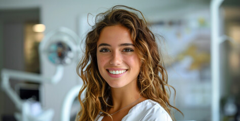 Wall Mural - Cheerful young woman with curly hair smiling in a modern office environment