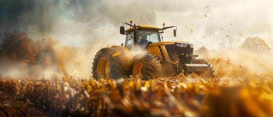 Poster - In the corn fields, a 5G autonomous tractor is working, illustrating the concept of smart agriculture farming in the future