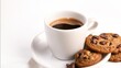 Сup of invigorating coffee and chocolate chip cookies on a white background.