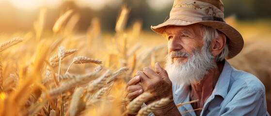 Poster - In a field, a senior farmer holds crops