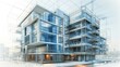 Modern multi-storey glass building blueprint - Detailed blueprint design of a modern multi-storey glass building with a clear sky in the background