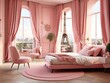 Stylish pink bedroom in a modern Parisian apartment with a retro vibe and a view of the Eiffel Tower.