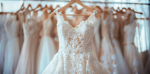 Elegant bridal dresses on hangers in boutique