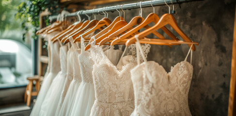 Elegant bridal dresses on hangers in boutique