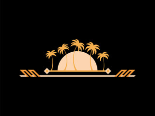 Wall Mural - Art deco palm trees in line art style in gold color. Tropical palm trees against the background of the sun with space for text. Golden silhouettes of palm trees. Vector illustration
