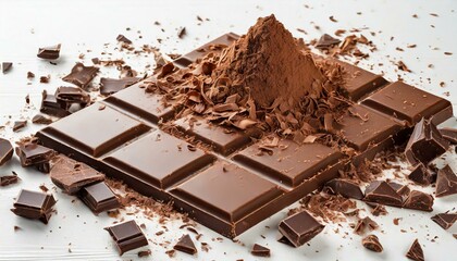 Wall Mural - Top view of chocolate bar and chocolate shavings on white background.
