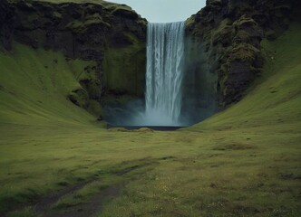 A beautiful landscape with a waterfall and a reservoir in the mountains. Wild nature and an incredibly beautiful view.